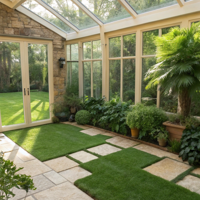 Indoor Lawn Setup Inside a Sunlit Glass Room: A Lush, Year-Round Retreat